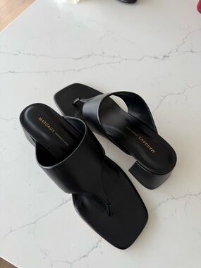 Margaux Black Leather Square-Toe Thong Mules
